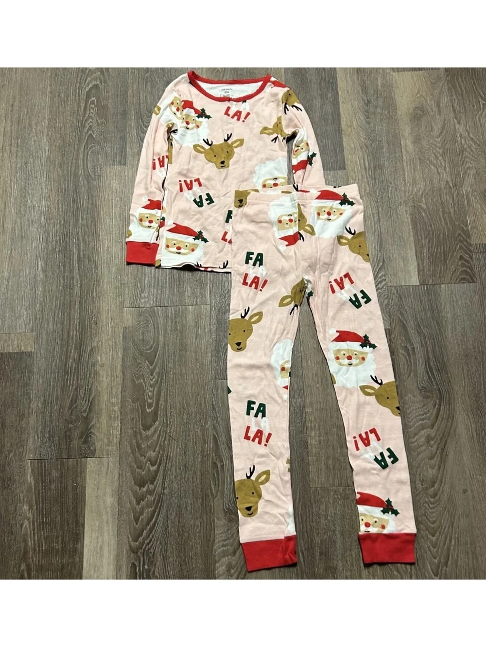 NWOT Girls Pink Christmas Pajama Set Santa Reindeer Falala Size 7